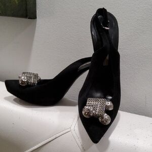 SHY made Italy Black Suede High Heels Rhinestone Accents Slingback Size 39/8